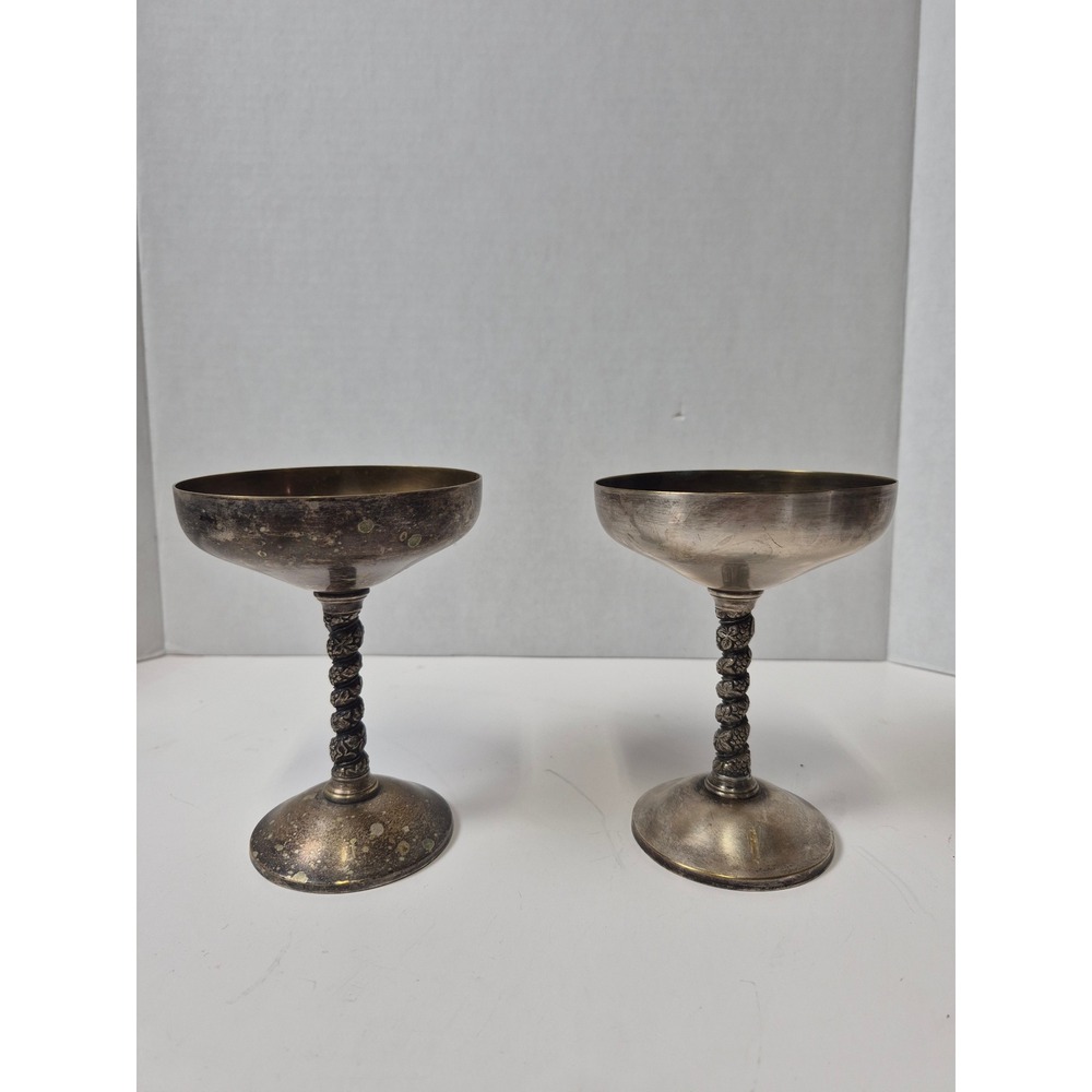 Vintage Made in Spain Silver Tone Metal Goblets Grape Vine Twisted Stem Set of 2